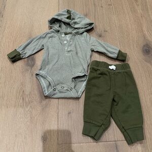 Striped Baby Hoodie Onesie and Pants Set- Olive Green